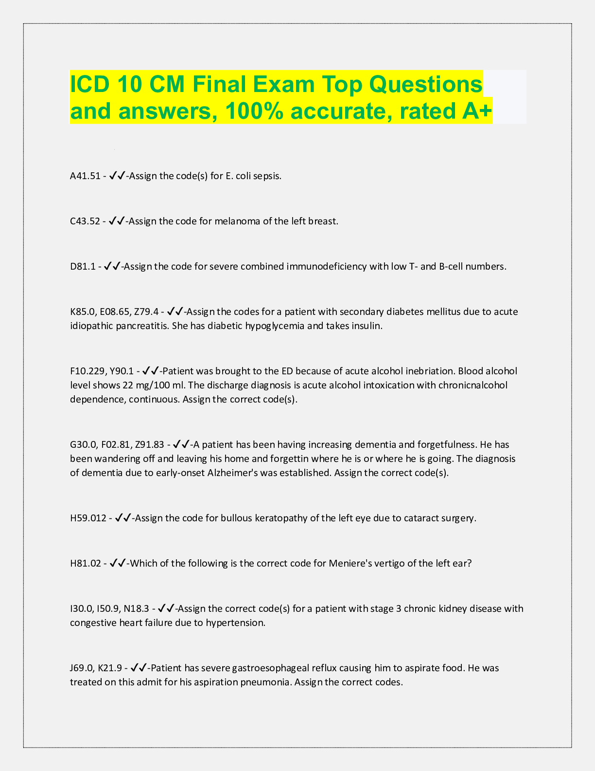Preview image for ICD 10 CM Final Exam Top Questions  and answers, 100% accurate, rated A+